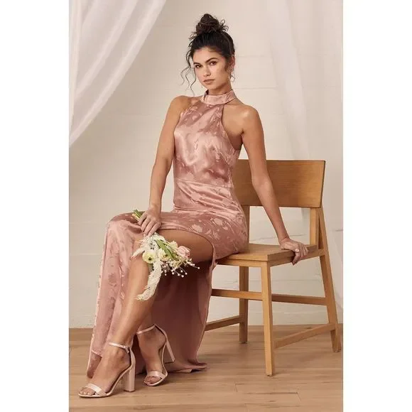 Lulu’s nwt Red Carpet Ready Light Rose Floral Satin Jacquard Maxi Dress - Picture 4 of 14